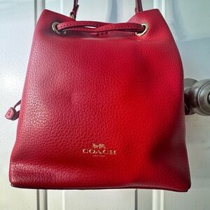 Coach Red Pebbled Leather Drawstring Bucket Crossbody bag with Gold Hardware